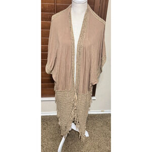 Crescent Kimono Cardigan Crochet Beige soft knit Boho Hippie Beachy sz L fringe